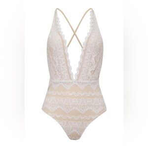 Nightcap Free People “Sierra” white tan lace bodysuit one piece swimsuit S M L